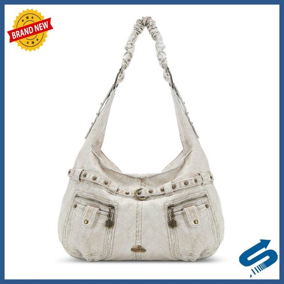 Large Vegan Leather Hobo Shoulder Bag Multi-Pocket Tote with Studs